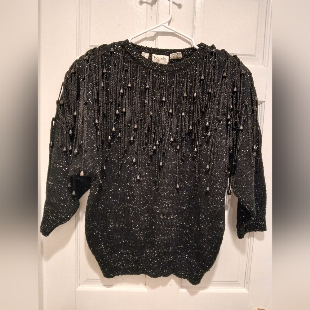 Vintage BONNIE & BILL BY HOLLY BLACK LUREX SWEATER FRINGE WITH BEAD